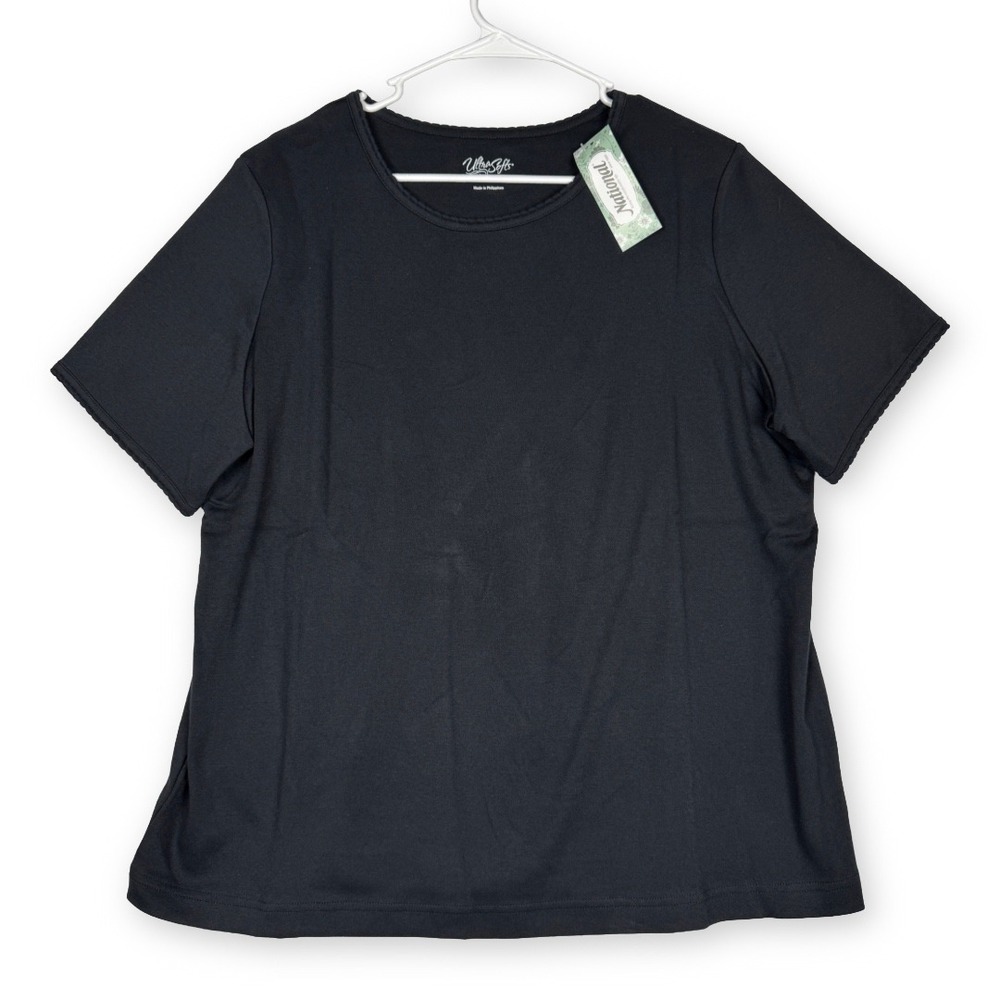 National UltraSofts Black Short Sleeve Scalloped Trim Tee Shirt 1X 8412